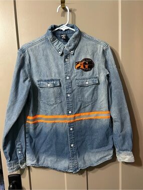 Sniper Gang Apparel Denim Button-Up Shirt with Orange Reflective Stripes